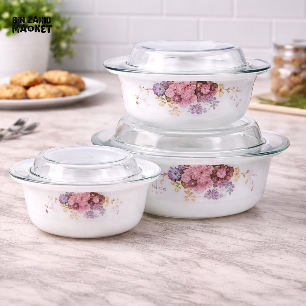 DANNY HOME 3 PIECES GLASS CASSEROLE SET WITH LIDS – FLORAL OVEN SAFE SERVING & STORAGE DISHES -ZHG3T-A 3P