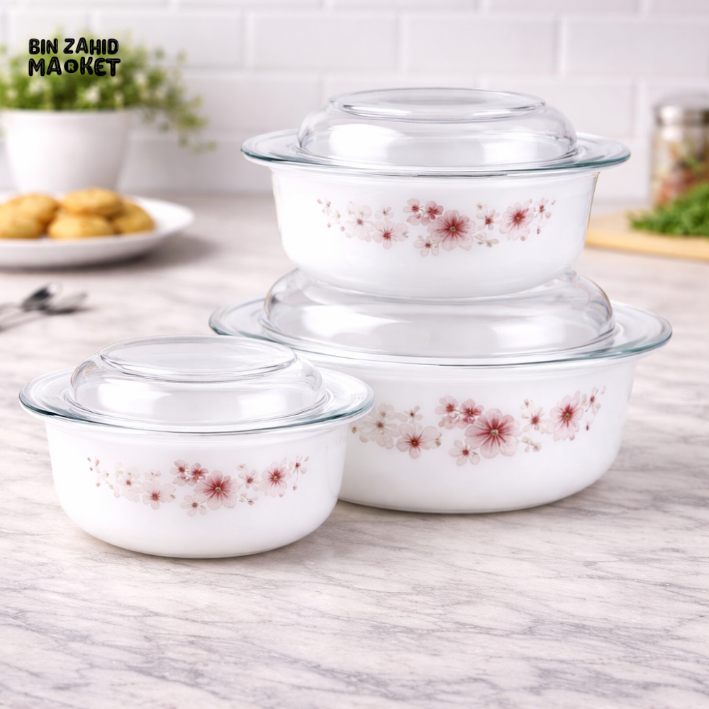 DANNY HOME 3 PIECES GLASS CASSEROLE SET WITH LIDS – FLORAL OVEN SAFE SERVING & STORAGE DISHES -ZHG3T-I 3P