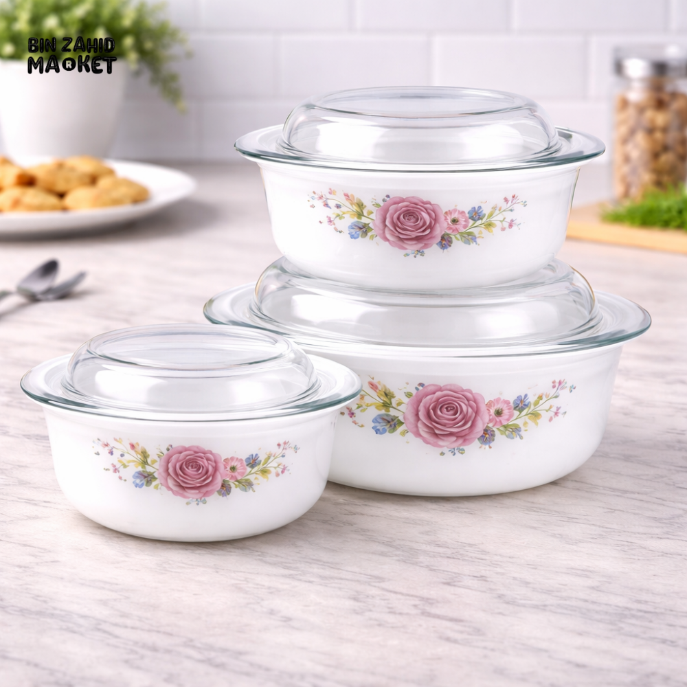 DANNY HOME 3 PIECES GLASS CASSEROLE SET WITH LIDS – FLORAL OVEN SAFE SERVING & STORAGE DISHES -ZHG3T-J 3P