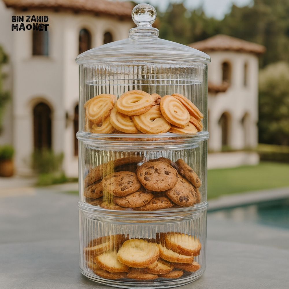 DANNY HOME 3 TIER GLASS COOKIE JAR WITH LID – LUXURY STORAGE CONTAINER CB 57