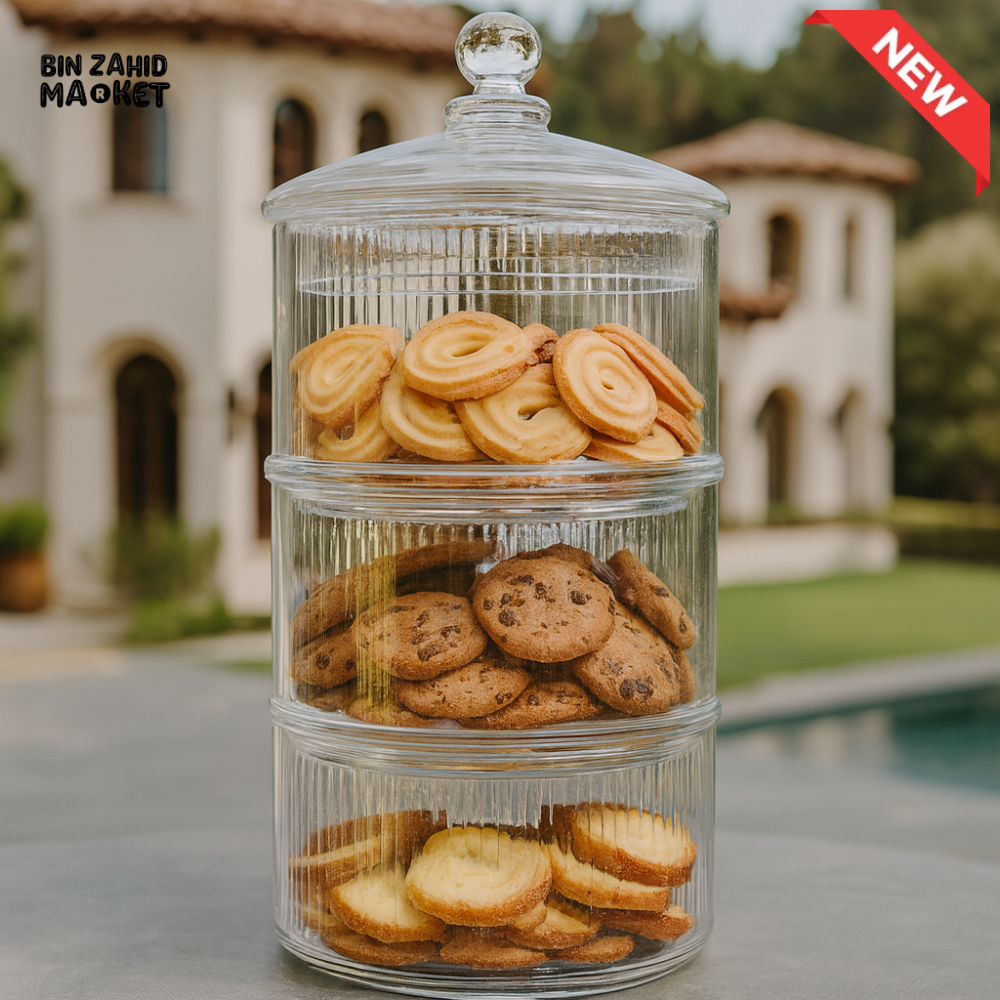 DANNY HOME 3 TIER GLASS COOKIE JAR WITH LID – LUXURY STORAGE CONTAINER CB 57