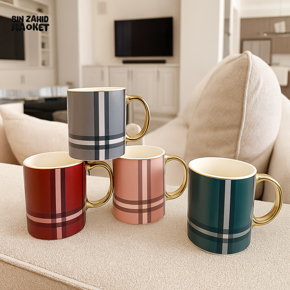DANNY HOME 350ML LUXURY CERAMIC MUG SET WITH GOLD HANDLE – MODERN PLAID DESIGN BZ01 1
