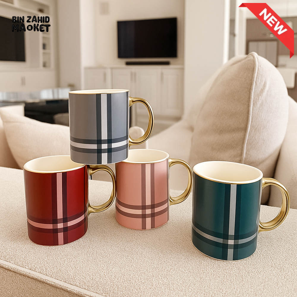DANNY HOME 350ML LUXURY CERAMIC MUG SET WITH GOLD HANDLE – MODERN PLAID DESIGN BZ01 1