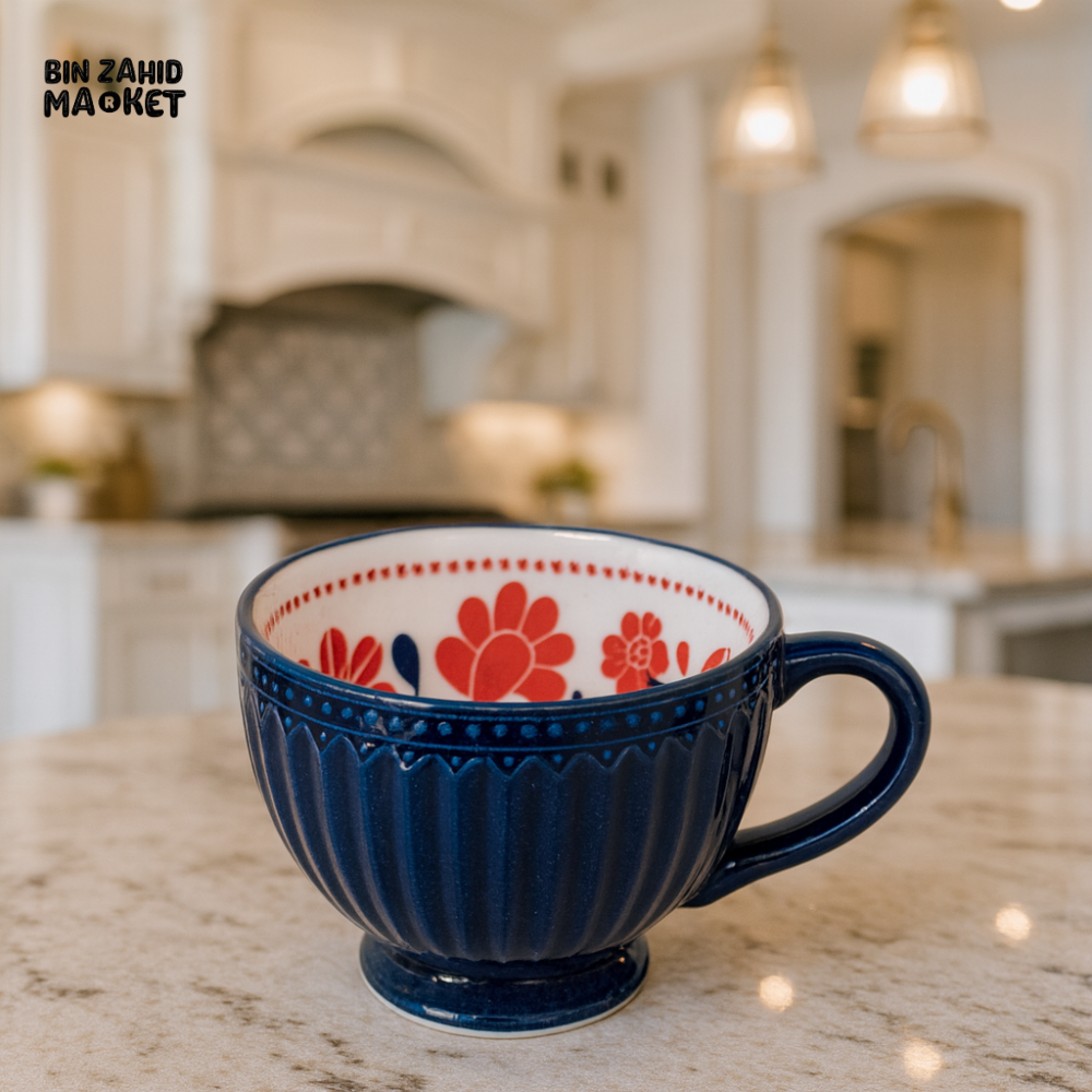DANNY HOME 355ML MUG – LUXURY VILLA KITCHEN CERAMIC COFFEE CUP WITH FLORAL DESIGN BLUE DHMUG 15D