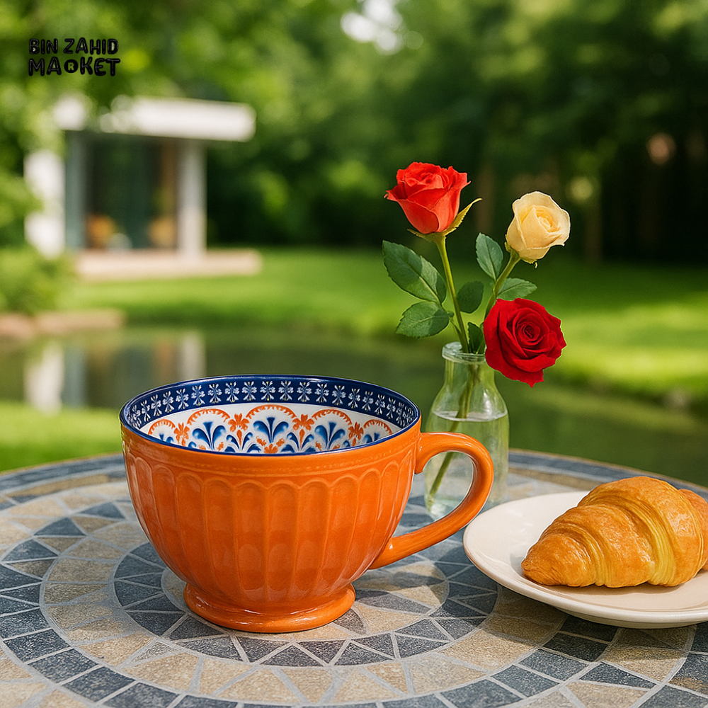DANNY HOME 355ML MUG – LUXURY VILLA KITCHEN CERAMIC COFFEE CUP WITH FLORAL DESIGN ORANGE DHMUG 18F