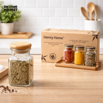 DANNY HOME 3PCS GLASS SPICE STORAGE JAR SET 75ML AIRTIGHT WOODEN LID KITCHEN SEASONING CONTAINERS 1966-101