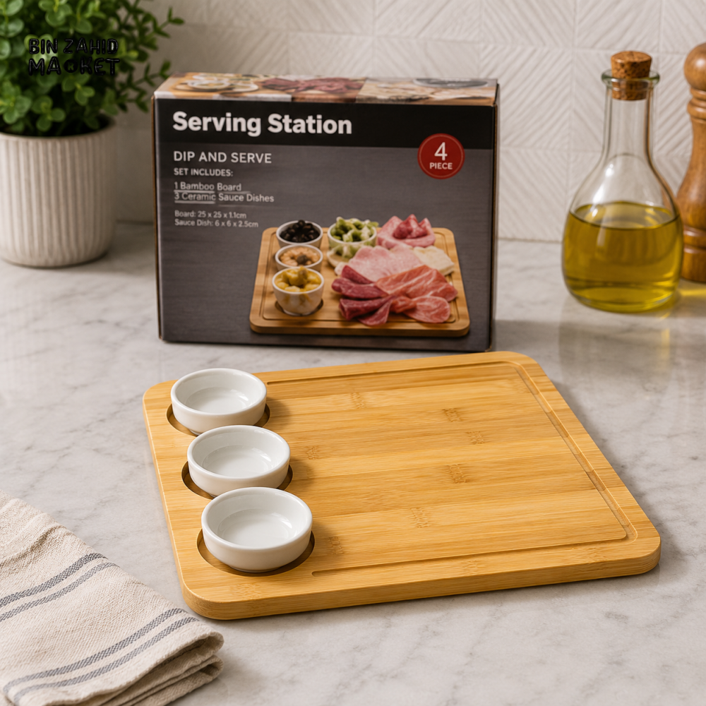 DANNY HOME 4-PIECE BAMBOO SERVING BOARD SET WITH 3 CERAMIC DIP BOWLS CZT40-02
