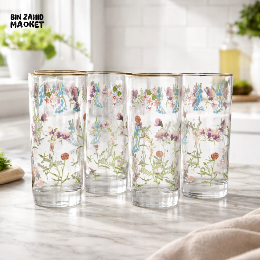 DANNY HOME 4 PIECE FLORAL GLASS TUMBLER SET WITH GOLD RIM -CB18-01
