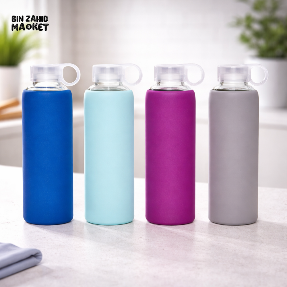 DANNY HOME 420ML BOROSILICATE GLASS DRINKS WATER BOTTLE WITH SILICONE SLEEVE STRAP LEAKPROOF PORTABLE SPORTS BOTTLE