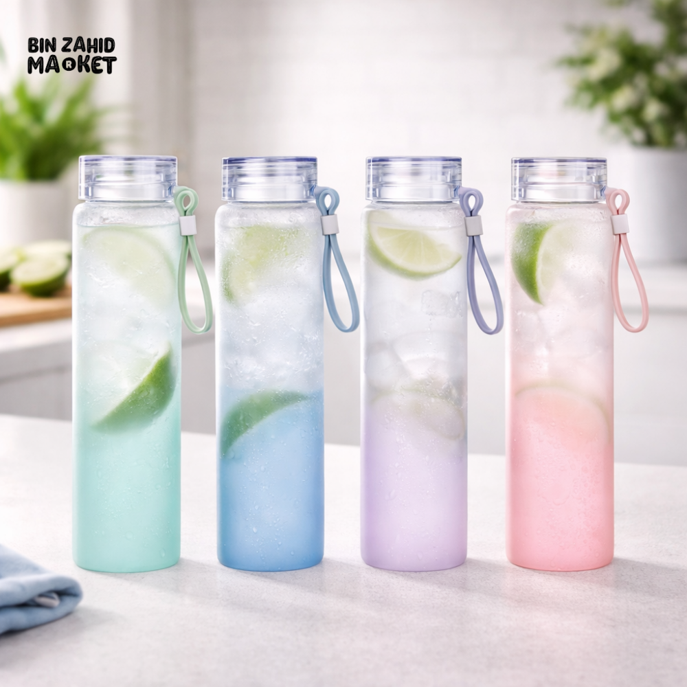 DANNY HOME 450ML FROSTED BOROSILICATE GLASS DRINKS WATER BOTTLE WITH SILICONE STRAP LEAKPROOF PORTABLE GRADIENT DESIGN