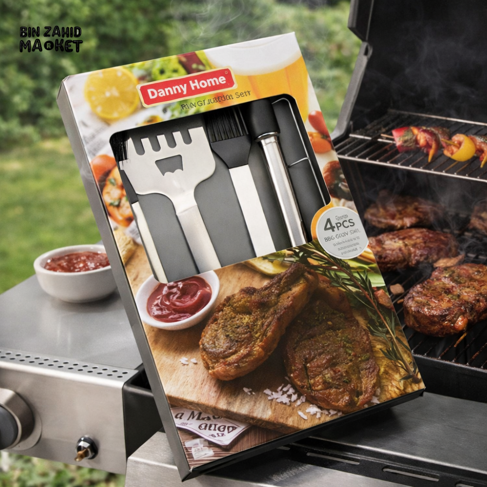 DANNY HOME 4PCS STAINLESS STEEL BARBECUE TOOL SET WITH SPATULA FORK TONG BRUSH OUTDOOR BBQ GRILL ACCESSORIES DH2535-GREY