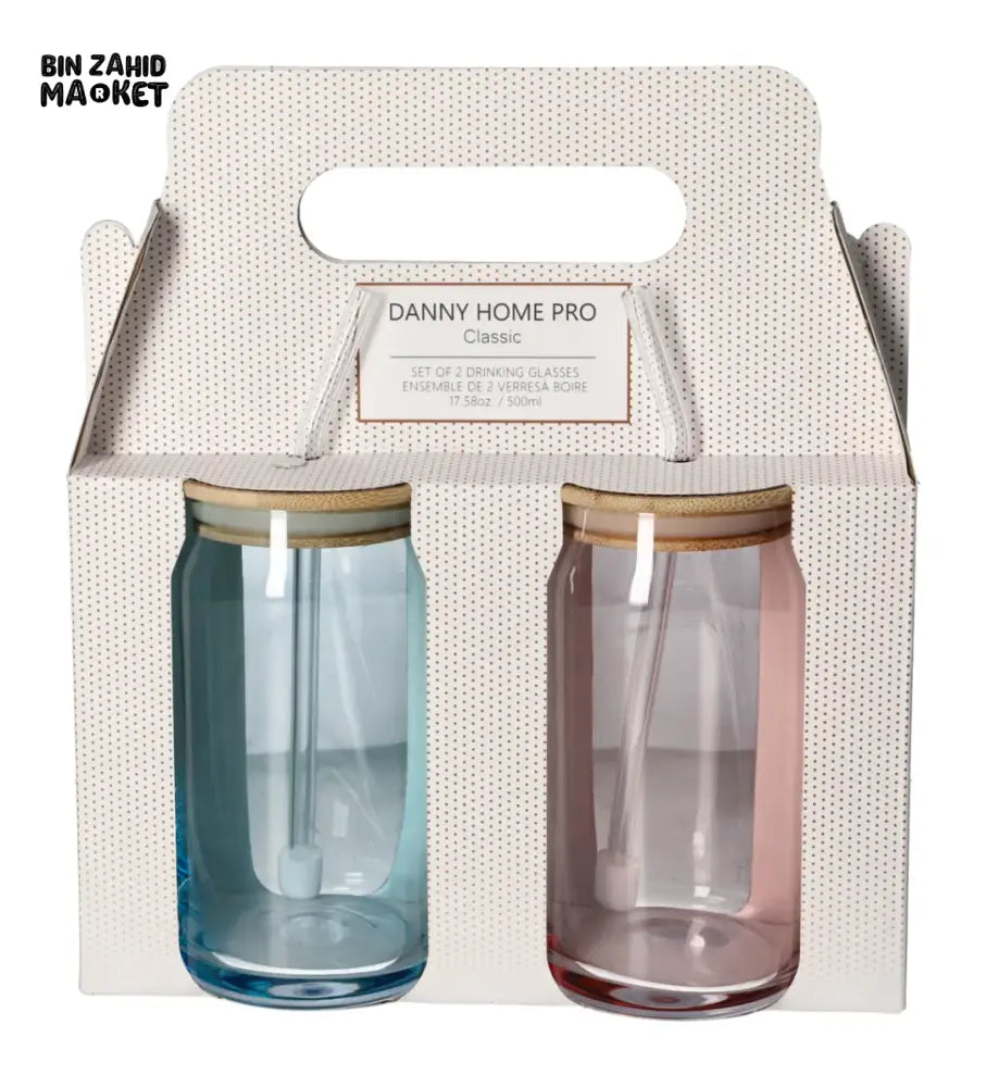 DANNY HOME 500ML GLASS CAN CUP SET 2 PIECE WITH BAMBOO LID & GLASS STRAW - CB-179