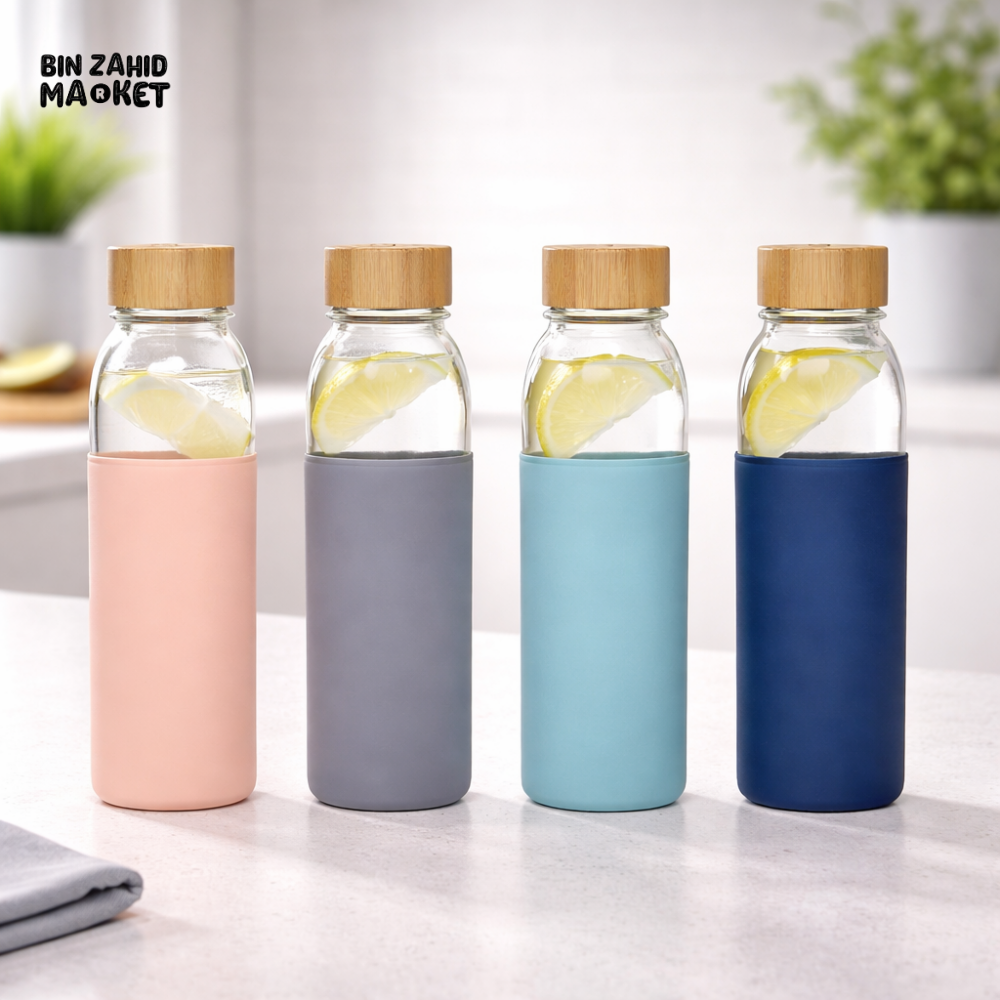 DANNY HOME 550ML BOROSILICATE GLASS DRINKS WATER BOTTLE WITH BAMBOO LID AND SILICONE SLEEVE LEAKPROOF ECO FRIENDLY