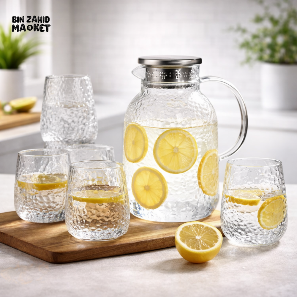 DANNY HOME 5PCS BOROSILICATE GLASS TEAPOT SET WITH HAMMERED TEXTURE TEAPOT & 4 CUPS HEAT RESISTANT SERVING SET XF5T-03