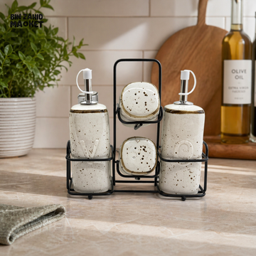 DANNY HOME 5PCS CERAMIC SPICE & CONDIMENT CASTOR SET WITH METAL STAND (OIL VINEGAR SALT & PEPPER) CZT18-133