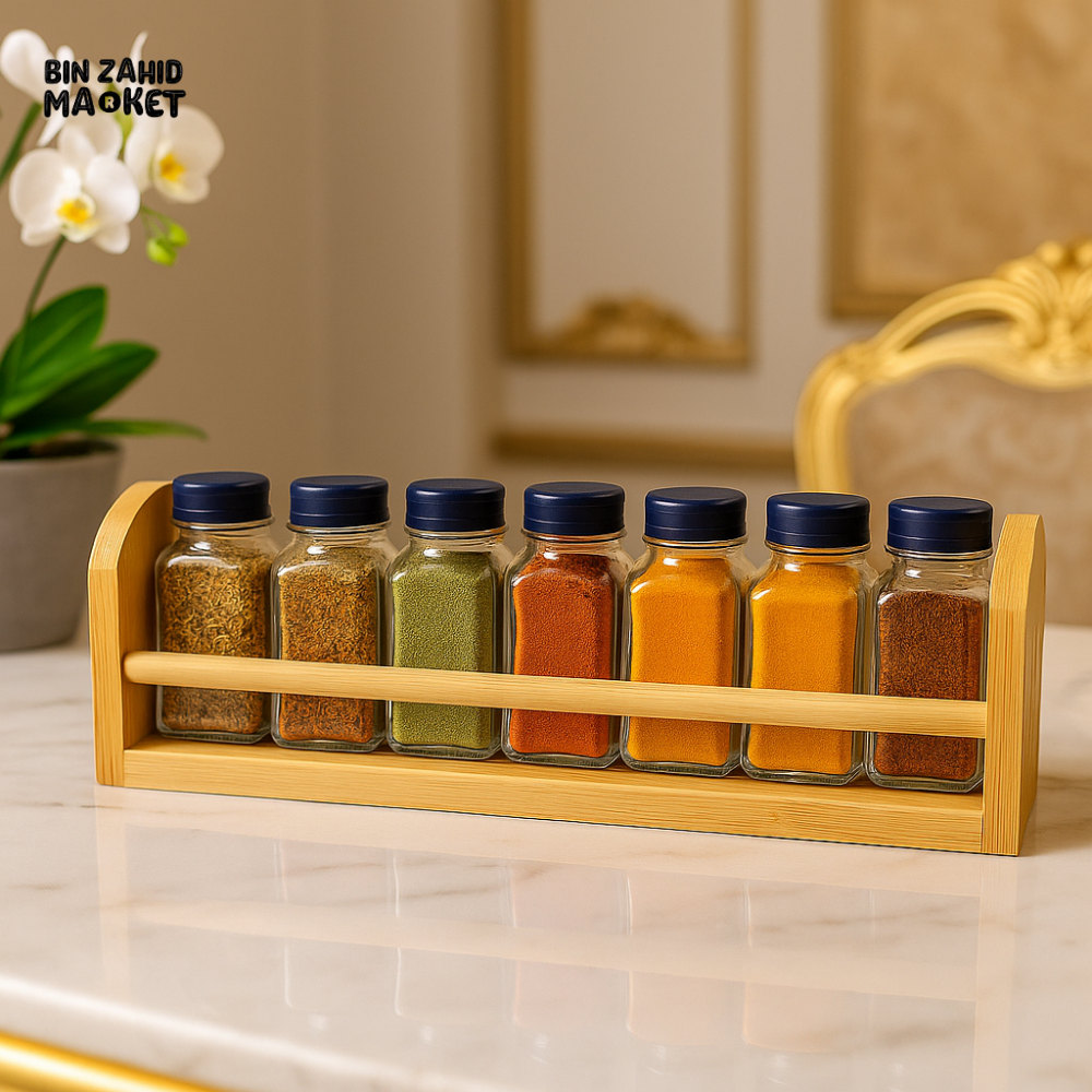 DANNY HOME 6 PIECE AIRTIGHT GLASS STORAGE JAR SET WITH WOODEN RACK – SPICE CONTAINERS FOR KITCHEN ORGANIZATION