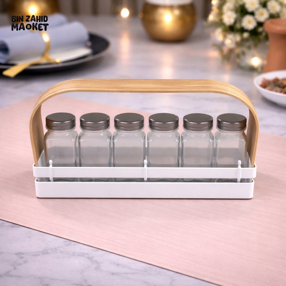DANNY HOME 6-PIECE GLASS SPICE JAR SET WITH BAMBOO HANDLE CADDY -SG005-1