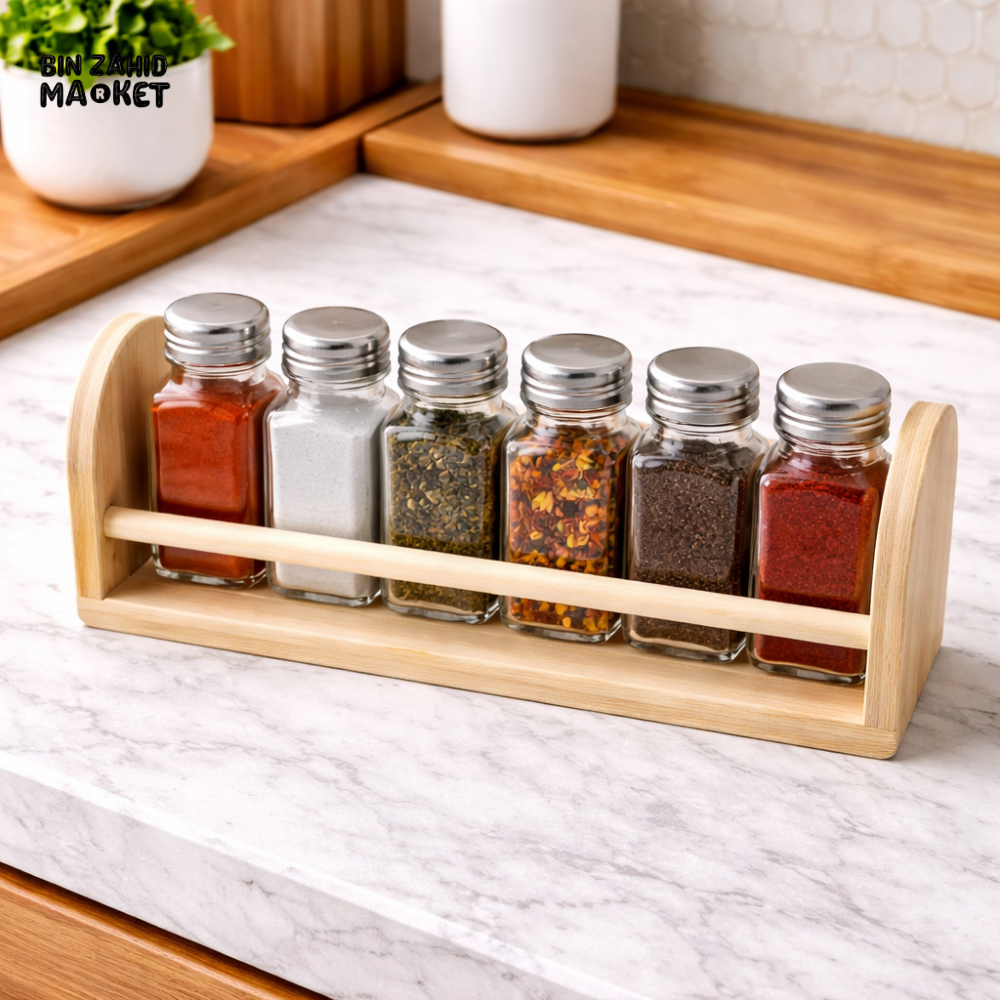 DANNY HOME 6-PIECE GLASS SPICE JAR SET WITH BAMBOO HOLDER -1900-29