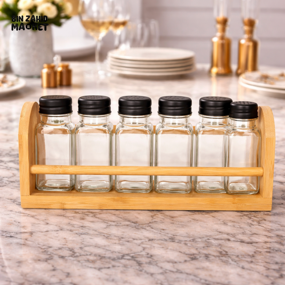 DANNY HOME 6 PIECE GLASS SPICE JAR SET WITH BAMBOO RACK -1900-30