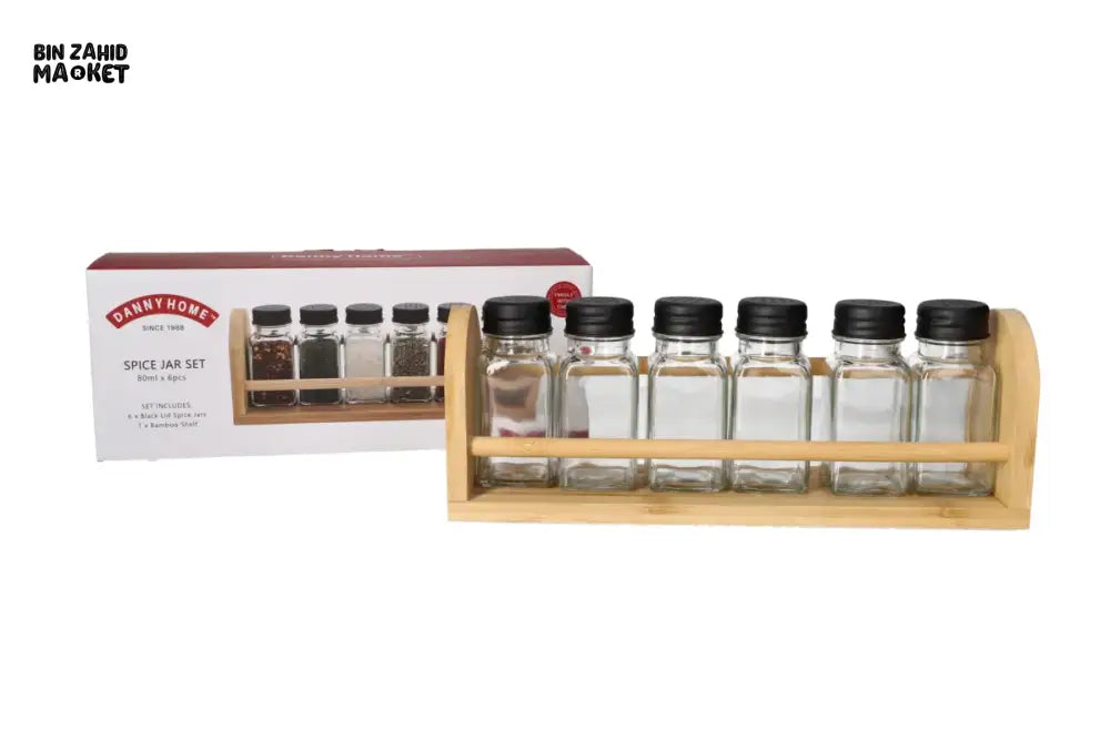 DANNY HOME 6 PIECE GLASS SPICE JAR SET WITH BAMBOO RACK -1900-30