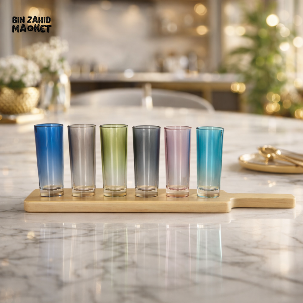 DANNY HOME 7-PIECE GRADIENT SHOT GLASS SET WITH WOODEN SERVING BOARD – COLORFUL DRINKWARE FOR PARTIES & HOME USE -KY-094