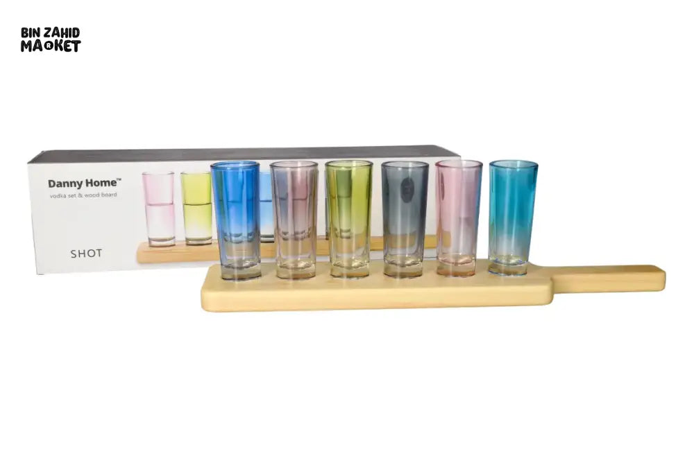 DANNY HOME 7-PIECE GRADIENT SHOT GLASS SET WITH WOODEN SERVING BOARD – COLORFUL DRINKWARE FOR PARTIES & HOME USE -KY-094