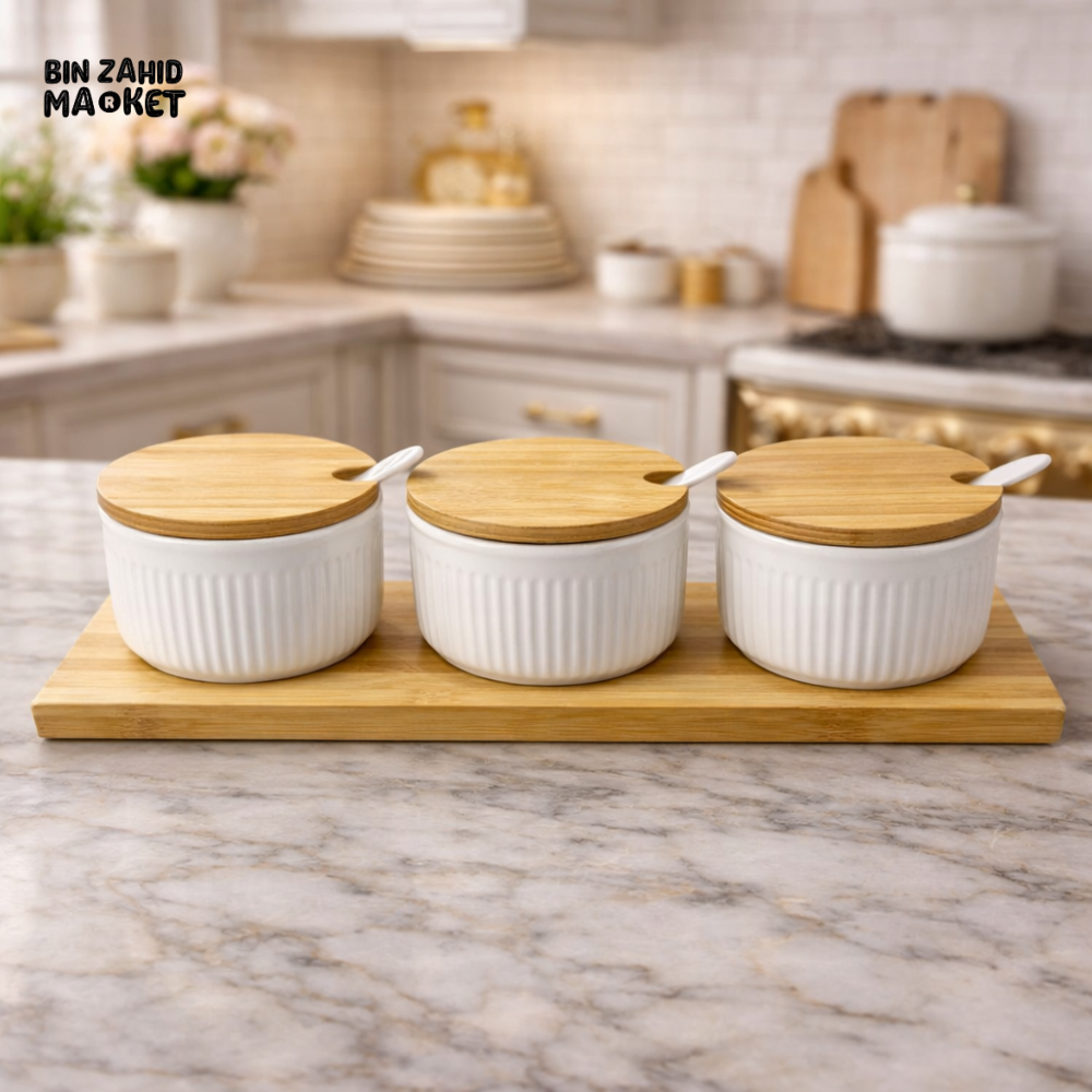 DANNY HOME 7 PIECE SEASONING JAR SET WITH BAMBOO LIDS & TRAY – CERAMIC SPICE CONTAINER SET FOR KITCHEN - CPK-060