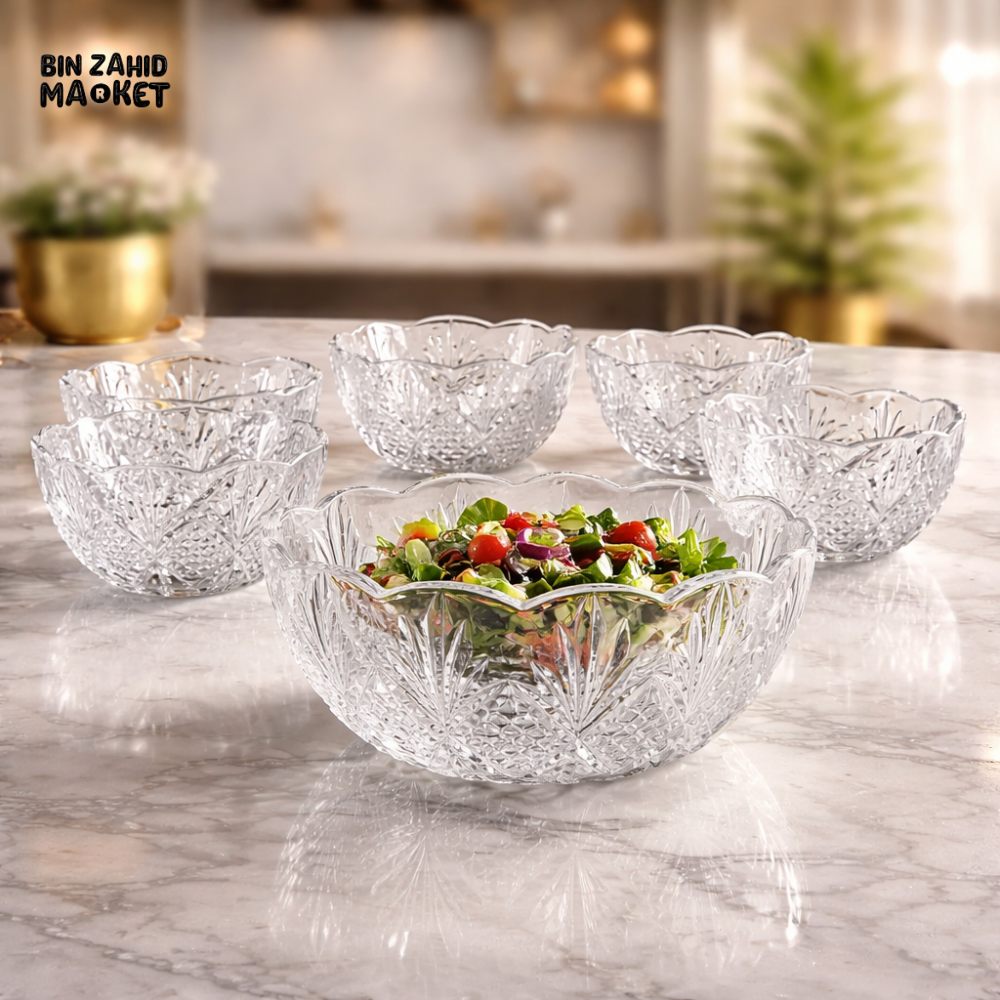 DANNY HOME 7 PIECES CRYSTAL GLASS BOWL SET – 6 SMALL BOWLS WITH 1 LARGE SERVING BOWL - Bowls
