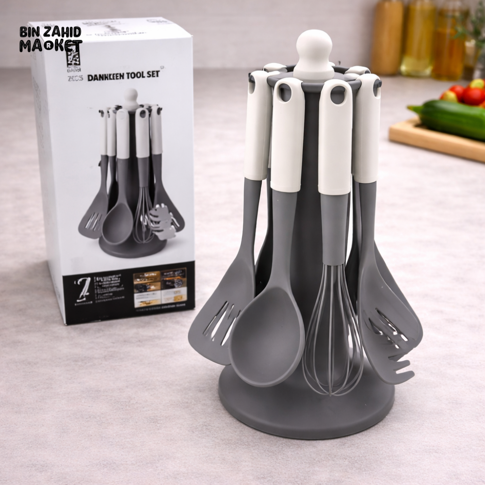 DANNY HOME 7PCS SILICONE KITCHEN UTENSIL SET WITH ROTATING STAND – HEAT RESISTANT NON-STICK COOKING TOOLS GREY