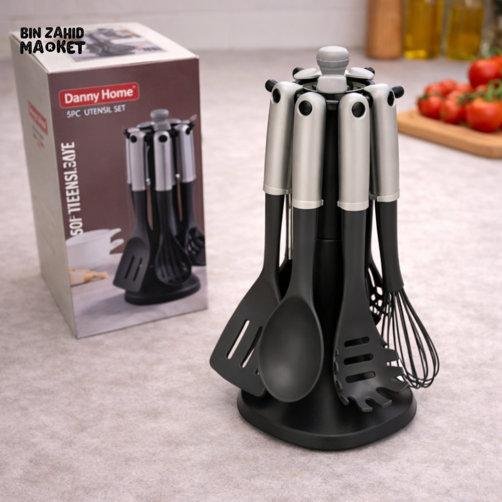 DANNY HOME 7PCS SILICONE KITCHEN UTENSIL SET WITH ROTATING STAND – HEAT RESISTANT NON-STICK COOKING TOOLS WHITE