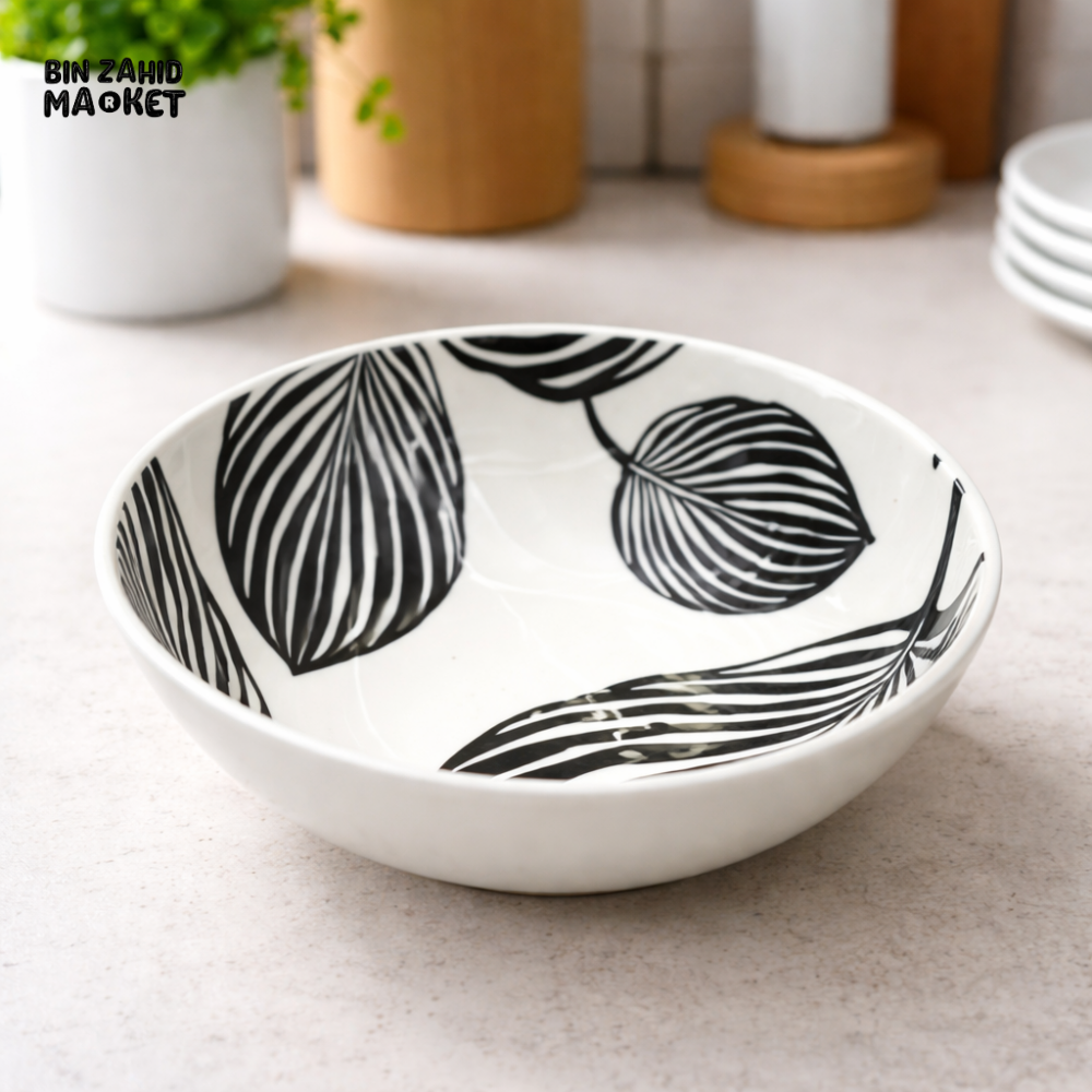 DANNY HOME 8 INCH CERAMIC DEEP PLATE BLACK & WHITE LEAF DESIGN PASTA BOWL DINNERWARE SF04-3