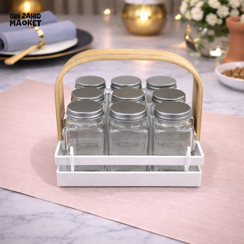 DANNY HOME 8-PIECE GLASS SPICE JAR SET WITH WOOD HANDLE CADDY -SG001-1