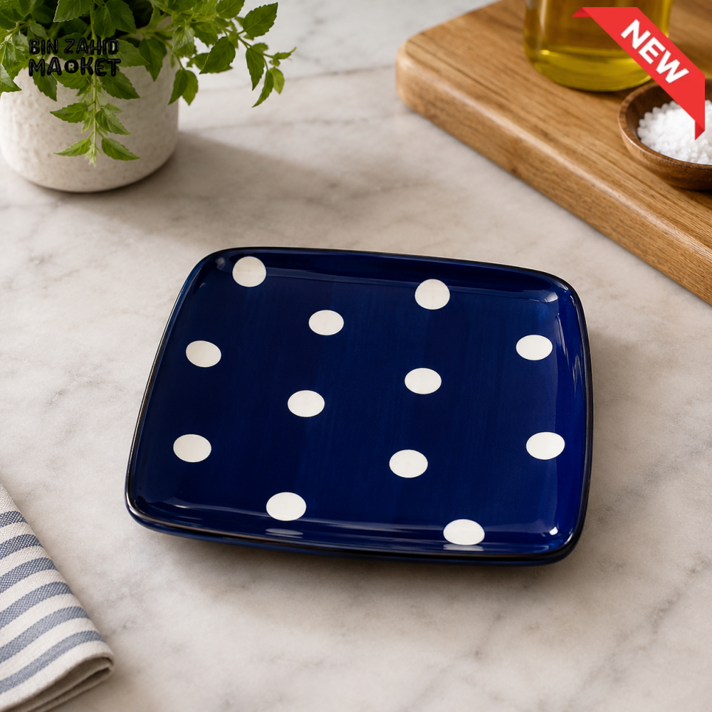 DANNY HOME 8’’ SQUARE PORCELAIN DINNER PLATE BLUE POLKA DOT DESIGN CZT06-03