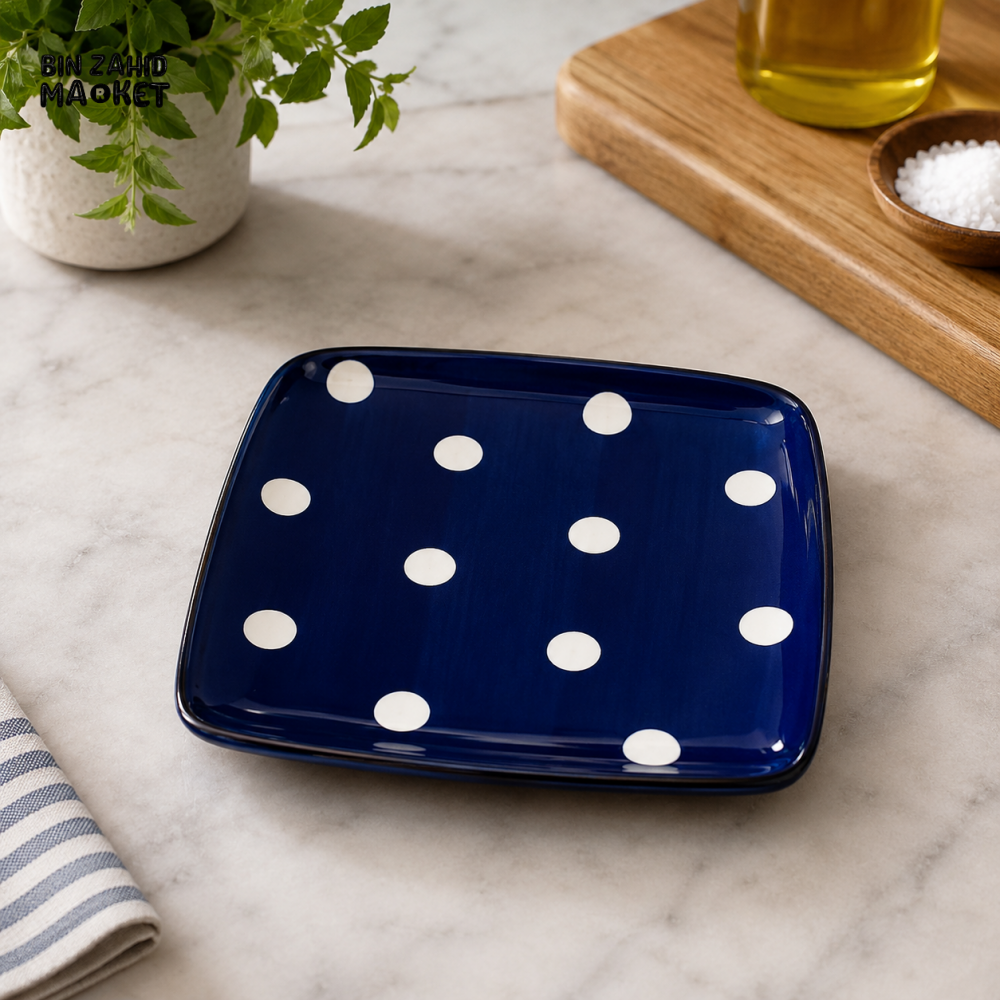DANNY HOME 8’’ SQUARE PORCELAIN DINNER PLATE BLUE POLKA DOT DESIGN CZT06-03