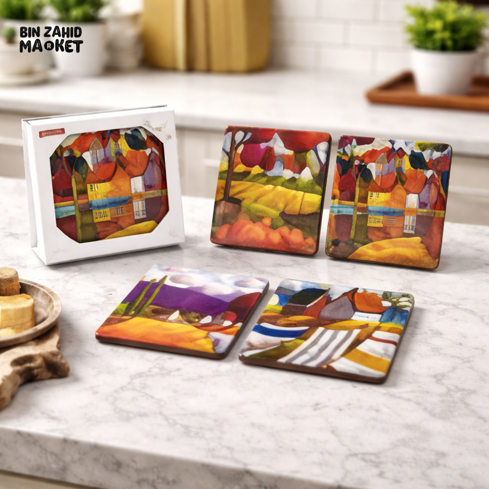 ABSTRACT ART CERAMIC COASTER SET – 4 PCS SQUARE ABSORBENT DRINK COASTERS WITH CORK BASE