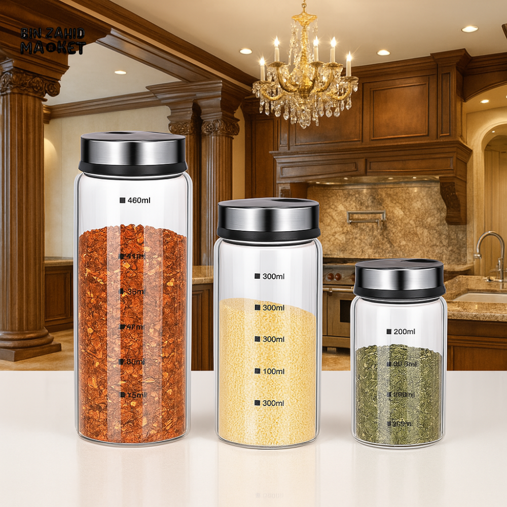 DANNY HOME AIRTIGHT SPICE JAR SET – 460ML, 300ML, 200ML GLASS CONTAINERS WITH STEEL LIDS FOR KITCHEN STORAGE