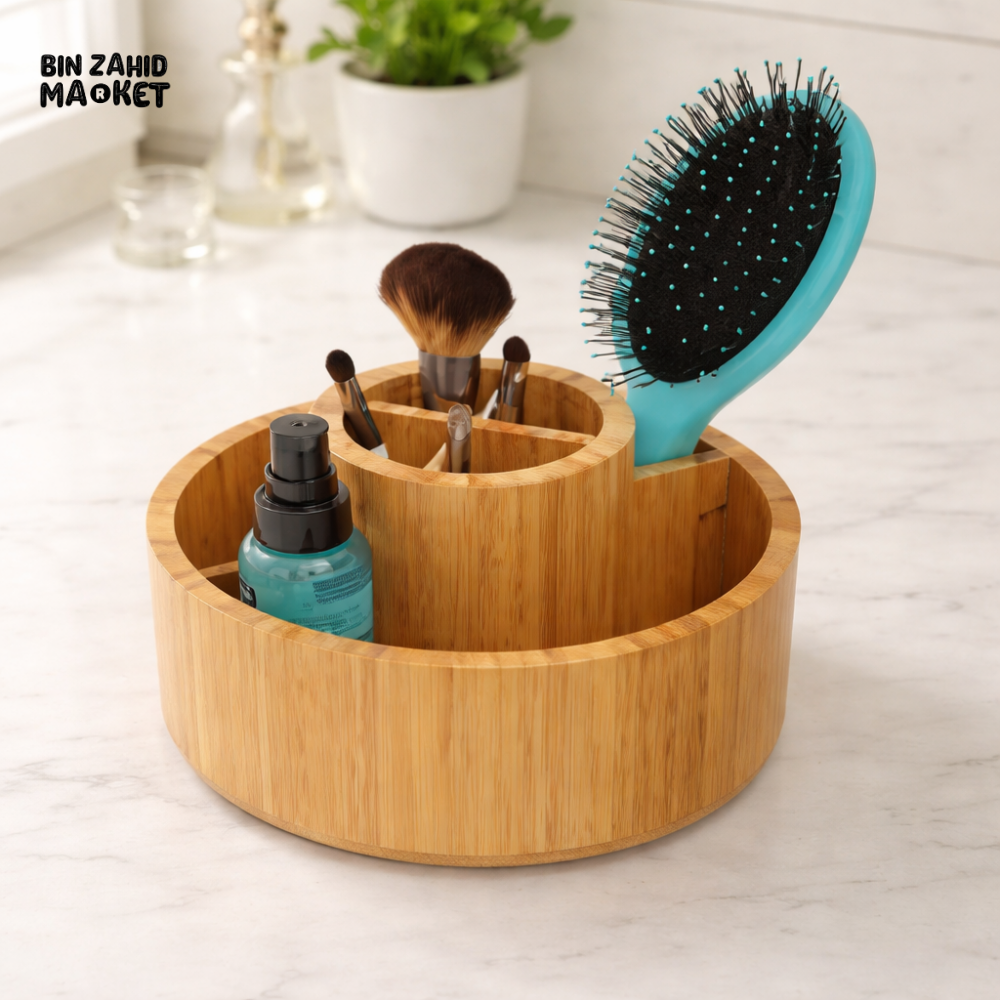 DANNY HOME BAMBOO ROTATING MAKEUP ORGANIZER WITH MULTI-COMPARTMENT STORAGE BATHROOM VANITY COSMETIC HOLDER HO-166