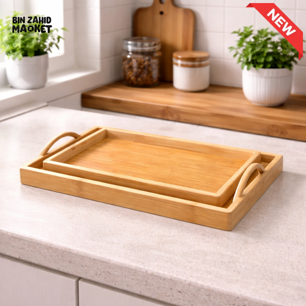 DANNY HOME BAMBOO WOODEN SERVING TRAY SET 2PCS WITH HANDLES NESTING FOOD BREAKFAST TEA TRAYS 34.5 + 37.8CM HB02-01
