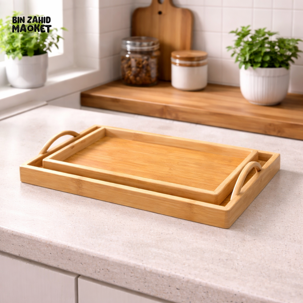 DANNY HOME BAMBOO WOODEN SERVING TRAY SET 2PCS WITH HANDLES NESTING FOOD BREAKFAST TEA TRAYS 34.5 + 37.8CM HB02-01