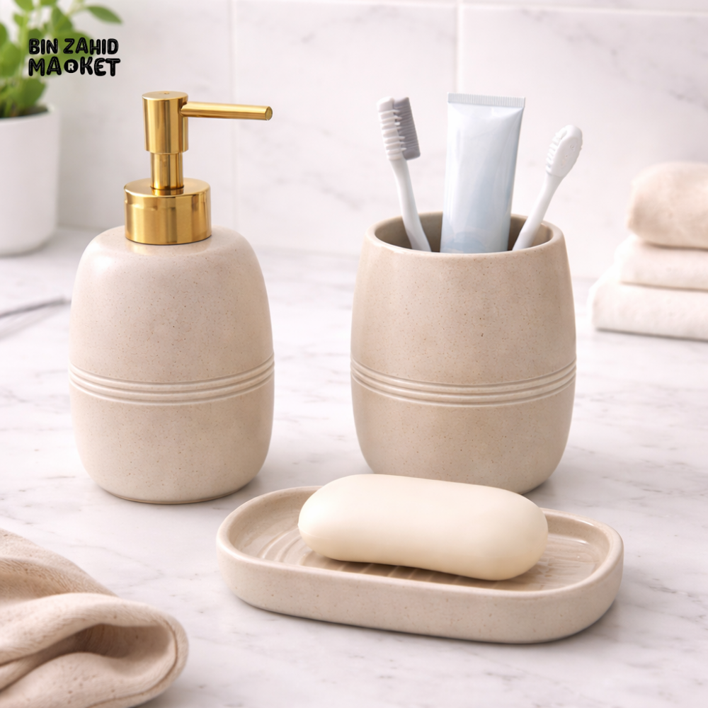 DANNY HOME BEIGE SOAP DISPENSER TOOTHBRUSH HOLDER & SOAP DISH SET -CZT34-16