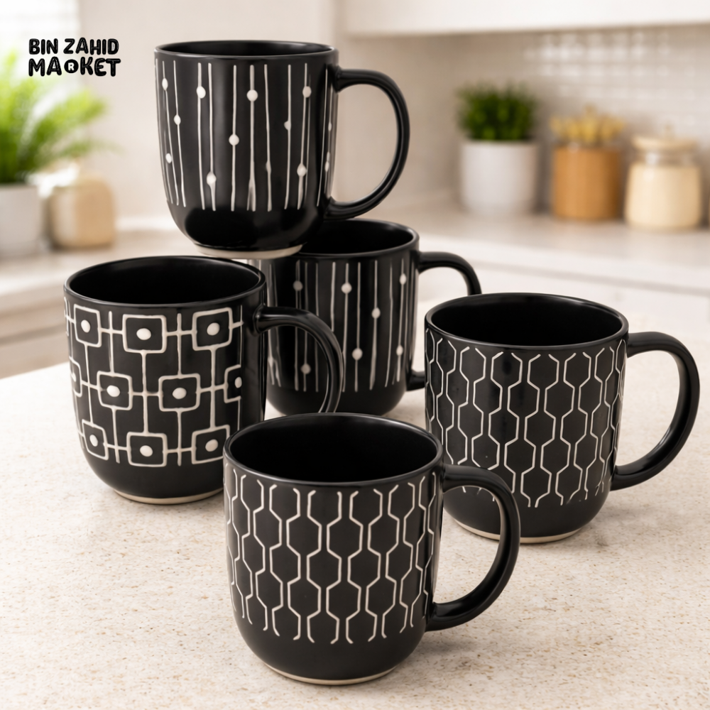 DANNY HOME BLACK CERAMIC GEOMETRIC COFFEE MUG 450ML MODERN DRINKWARE SET 9×10.5CM T01-22