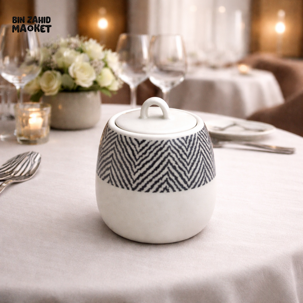 DANNY HOME BLACK & WHITE CHEVRON CERAMIC SUGAR BOWL WITH LID – MODERN TABLETOP STORAGE JAR FOR ELEGANT DINING SETUP