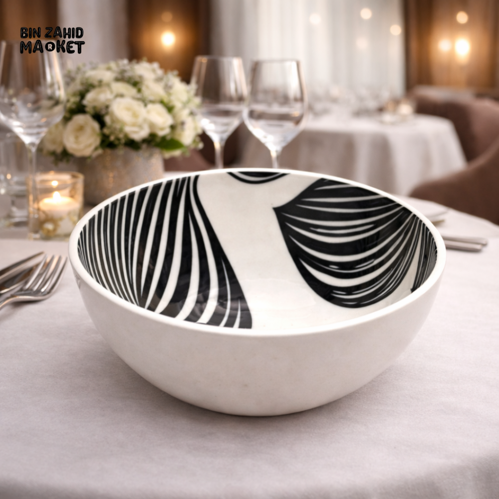 DANNY HOME BLACK & WHITE LEAF CERAMIC SERVING BOWL – MODERN STONEWARE SOUP & SALAD BOWL FOR ELEGANT DINING TABLE