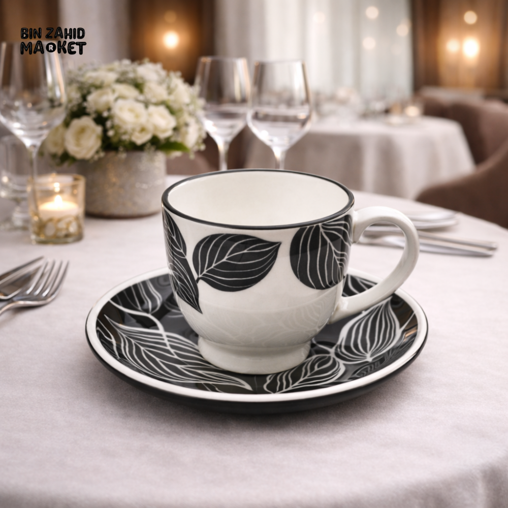 DANNY HOME BLACK & WHITE LEAF CERAMIC TEA CUP & SAUCER SET – MODERN STONEWARE COFFEE CUP FOR LUXURY TABLE SETTING
