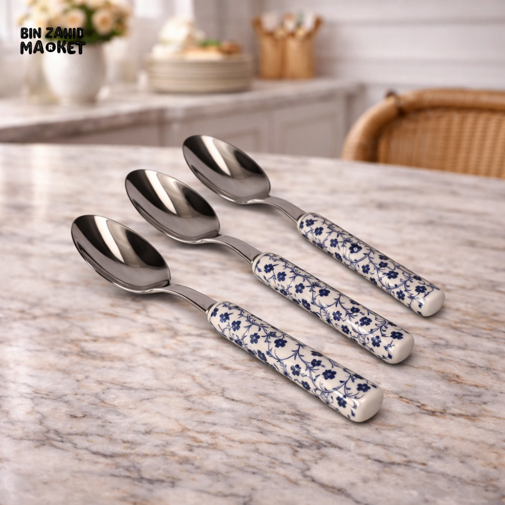 DANNY HOME 3PIECE FLORAL HANDLE STAINLESS STEEL DESSERT SPOON SET -RD2011-4