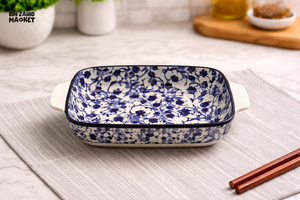 DANNY HOME BLUE & WHITE FLORAL CERAMIC BAKING DISH WITH HANDLES – RECTANGULAR OVEN SAFE CASSEROLE PAN (SMALL) 70CFKP