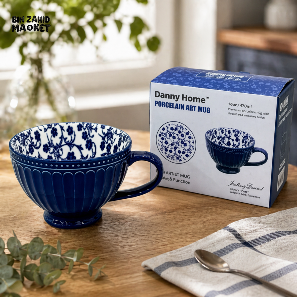 DANNY HOME PORCELAIN ART MUG 400ML BLUE & WHITE COFFEE TEA CUP DHMUG-2011