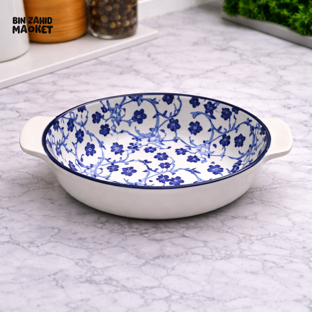 ROUND CERAMIC BAKING DISH WITH HANDLES – BLUE FLORAL OVEN SAFE CASSEROLE PAN
