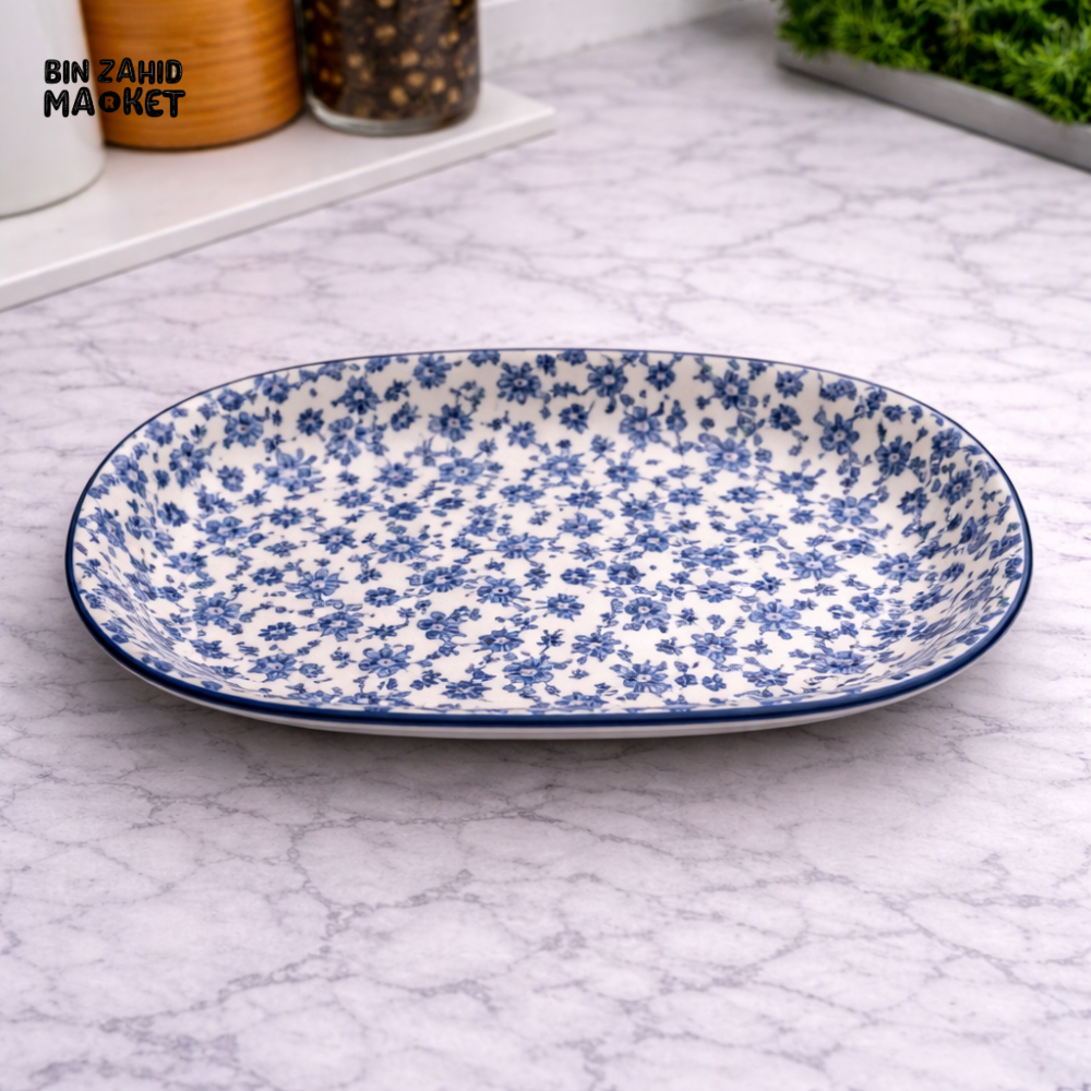 OVAL CERAMIC SERVING PLATTER – BLUE FLORAL