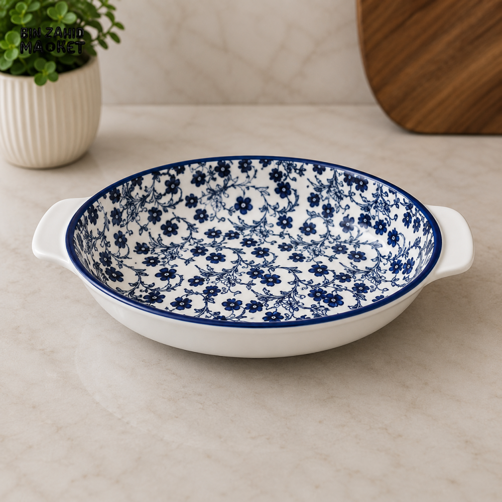 DANNY HOME BLUE FLORAL CERAMIC ROUND BAKING DISH WITH SIDE HANDLES - 7 INCHES